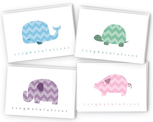 Wildvalley Design Chevron Animals Baby Congratulations Cards - 24 Cards & Envelopes