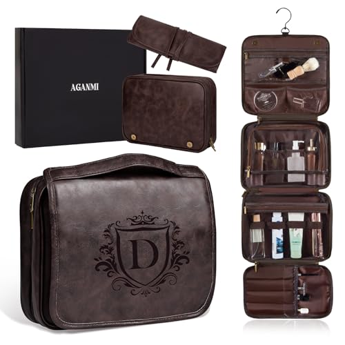 Aganmi Laser-Engraved Initial 3-in-1 Hanging Travel Toiletry Bag 21st 30th 40th 50th 60th Birthday Gifts for Men, Personalized PU Leather Shaving Bag for Dad Husband Brother Boyfriend Dark Brown D by Aganmi - Used condition - US$13.29