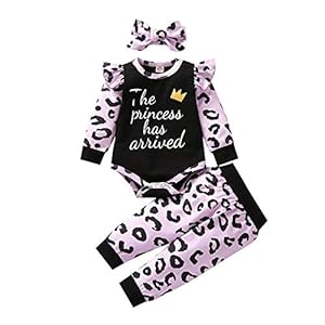 I3CKIZCE 3 Teile Kleinkind Baby Mädchen Leopardenmuster Bodysuit Langflieger-Strampler Jumpsuit Tops + Hosen + Turban Stirnband Kleidung Set 0-24Monate