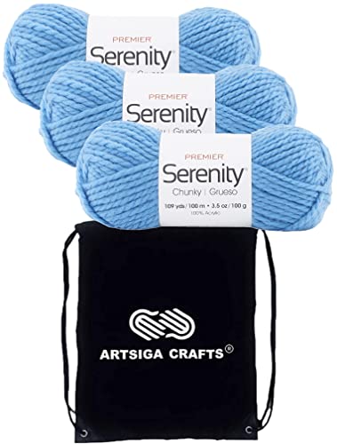 Fil à tricoter Serenity Premier bleu ciel en lot de 3 pelotes avec sac de transport ArtSiga