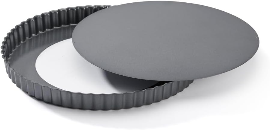 De Buyer Round Fluted Tart Mould with Straight Edge Loose Base, 28 cm, Steel, Silver, 27 x 27 x 3 cm