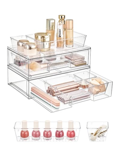 Image of Vtopmart 12-Pack Clear Makeup Organizer Set with Drawer Organizer Bins | 2 Pack Stackable Storage Drawers & 10 Pack Drawer Organizer for Vanity Cosmetic, Bathroom Countertop, Desk