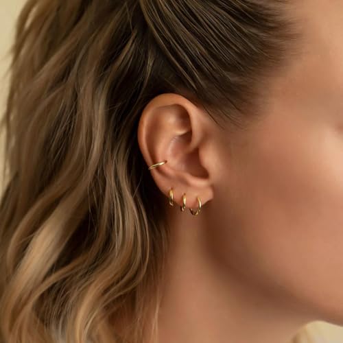 Image of Small Gold Huggie Hoop Earrings Set for Women Men Hypoallergenic 14K Plated Stack Cartilage Earrings, Sterling Silver Multiple Piercing Lightweight Mini Thin Cute Dainty Trendy Jewelry Gifts for Women