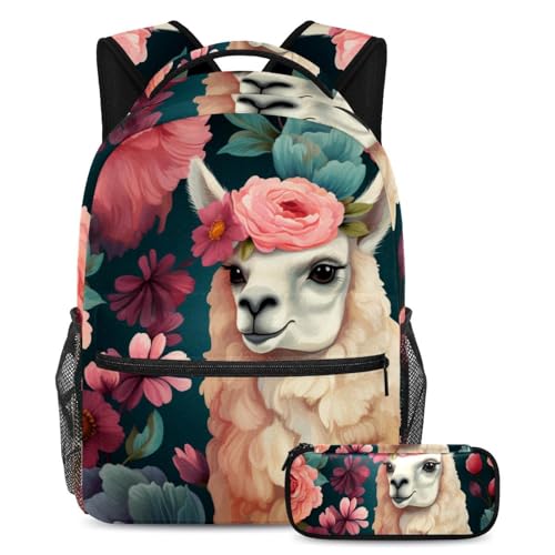 Sac à dos alpaga grand format et trousse scolaire, cartable ergonomique fleur pour étudiants