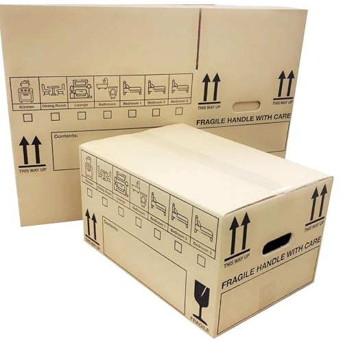 5 x House Moving Strong Large Cardboard Boxes Storage Packing 47cm x 31.5cm x 27cm 44 Litres Strong Carry Handles and Printed Room Tick List