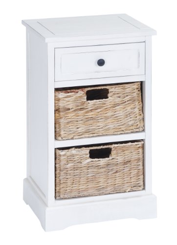 Deco 79 Wood 1 Drawer Storage Unit with 2 Brown Woven Baskets, 16" x 13" x 28", Cream