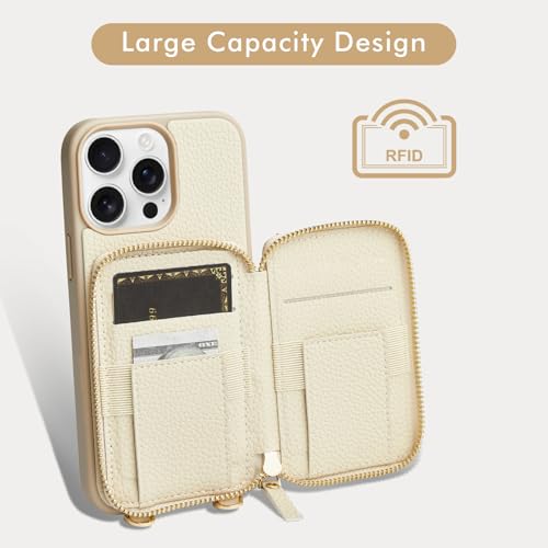 LAMEEKU for iPhone 15 Pro Wallet Case with Credit Card Holder, Zipper Leather Crossbody Case with Phone Grip Holder Stand Wrist Strap Lanyard for Women for Apple iPhone 15 Pro 6.1 inch Beige by LAMEEKU - Image 2