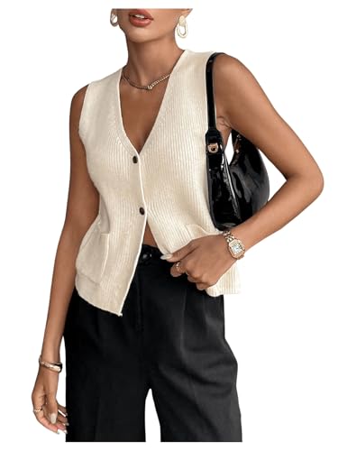 Image of SHENHE Women's Sleeveless V Neck Sweater Vest Button Up Casual Knitwear Outfits with Pockets Beige X-Small