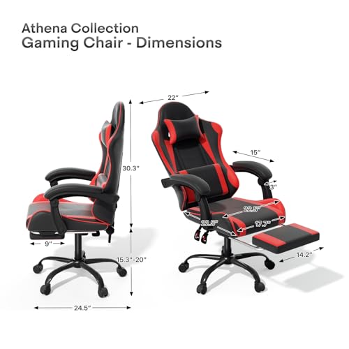 Image of Athena Collection Ergonomic Gaming Chair for Adults, Red | Height Adjustable Office Chair Computer Desk Chair with Footrest & Headrest Lumbar Support for Office & Home, 350lbs