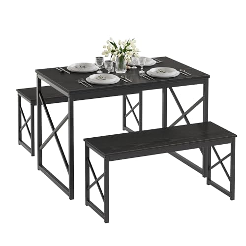 VECELO 43.3" Kitchen Dining Table Set for 4, Heavy-Duty Steel Frame & Wood-Grain Tabletop, Space-Saving Dinette Sets with 2 Benches for Breakfast Nook and Small Space, Black by VECELO - Used condition - Image 8