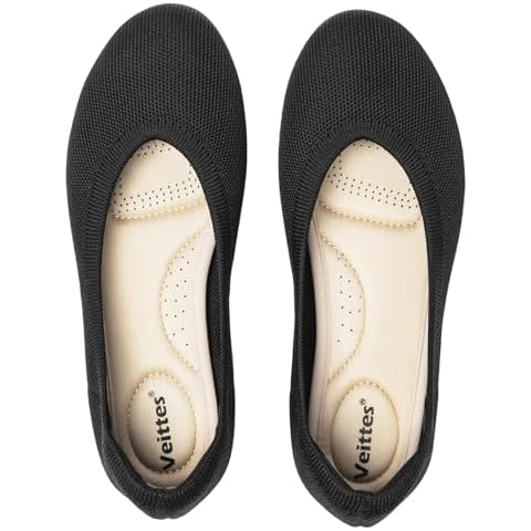 Veittes Women's Wide Width Flats Shoes,Fashion Classic Soft Breathable Office Ladies Ballet Shoes.(2205002-4,BK/FK,7W) Cover