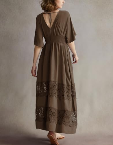 Image of Olaesa Boho Maxi Dress V Neck Short Sleeve Lace Smocked Waist Flowy Dress | Wedding Guest Dress with Pockets, Summer Bohemian Vacation Dress, Elegant Party Dress for Family photo& Baby Shower