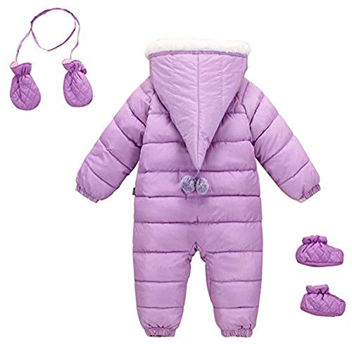 Baby Girls Boys One Piece Two Zipper Cartoon Down Jacket Jumpsuit Romper With Gloves And Shoes Purple 6-12 Months #TOP1