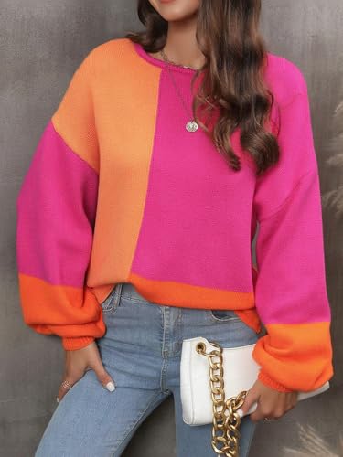 Kinghua Sweaters for Women Fall Winter Colorful Crewneck Ribbed Loose Fit Color Block Pullover Patchwork Knit Sweater Tops3