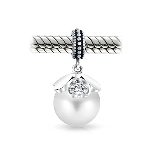 Vintage Style Heart Cap White Simulated Pearl Dangle Charm Bead For Women .925 Sterling Silver Fits European Bracelet #TOP1