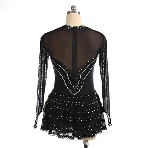 Vestido de patinação artística, elegante decote redondo e mangas compridas com strass brilhantes, fa