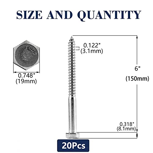 Image of 1 /2 inch x 6 inch Hex Head Lag Screws Bolts 20Pcs 304 Stainless Steel 18-8, Partial Thread, Hexagon Head Wood Screws by SG TZH