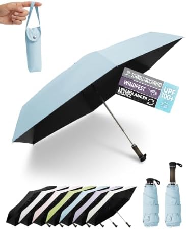 LILAC Mini Regenschirm, leicht & kompakt, für Damen, Herren & Kinder | UPF 100+ UV-Schutz, 90 cm Spannweite, Hartschalen-Etui mit Karabiner, ideal für Handtasche, Rucksack, Schule