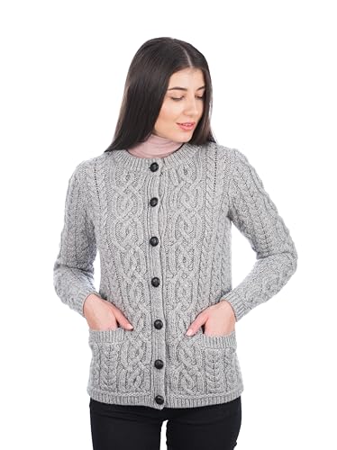 Image of SAOL 100% Merino Wool Ladies Irish Buttons Knit Cardigan Lumber Jacket with Pockets