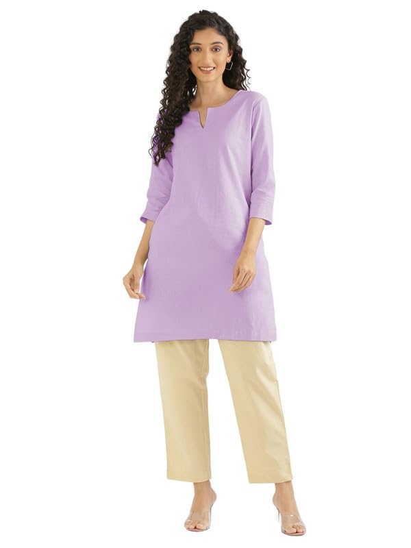 Image of SAADAA Airy Linen Mid Thigh Length Kurta for Women | Stylish Split Neck, 3 /4 Sleeves & Side Pockets | Comfortable Everyday Wear Kurta | Breathable Fabric |