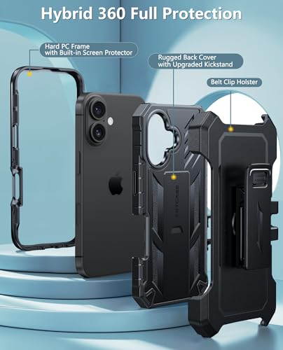 Coque iPhone 16 Plus FNTCASE antichoc noire 6,7" avec béquille intégrée
