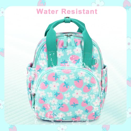 Image of Bluboon Toddler Backpack for Girls Boys 2-4 Cute 12 inch Preschool Kindergarten Backpacks Kids Daycare Bags School Travel (Pink Strawberry Flower - Mint Green, Age 2-4 (12 inch H not Fit A4 Folder))