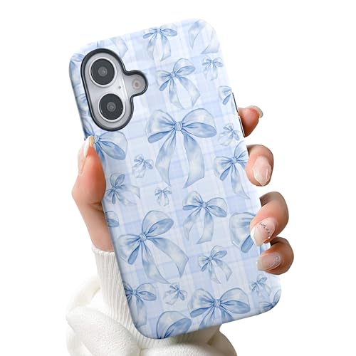 Coque iPhone 16 motif nœud à carreaux bleu en polycarbonate et silicone TPU