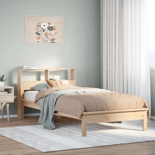 vidaXL Massivholzbett, Bett mit Bücherregal ohne Matratze, Bettgestell mit Lattenrost, Holzbett Einzelbett für Schlafzimmer, 90x200cm Kiefer