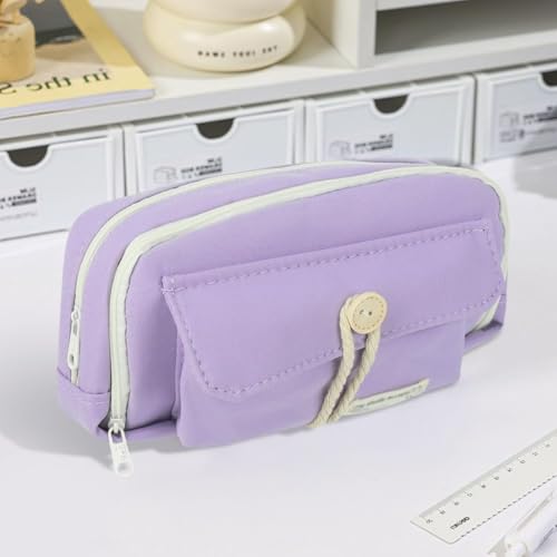 Image of Canvas School Bag Pencil Case, 3 Layer 6 Compartment Large Capacity, Aesthetic Pencil Pouch for Stationary, Cute Stationery for Kids, Pencil Case for Girls & Boys (Our Timer P)