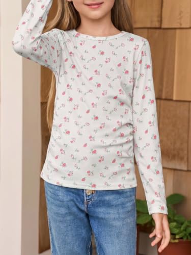 Image of Haloumoning Girls Long Sleeve Shirts Crewneck Ruched Side Slim Fit Tops Ribbed Knit Casual Tee Shirt 4-15 Years