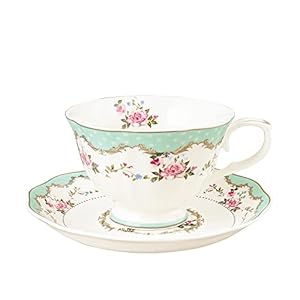 fanquare Large Green Tea Cup with Saucer, 7oz Vintage Coffee Cup, British Rose Tea Cup, Elegant Coffee Cup