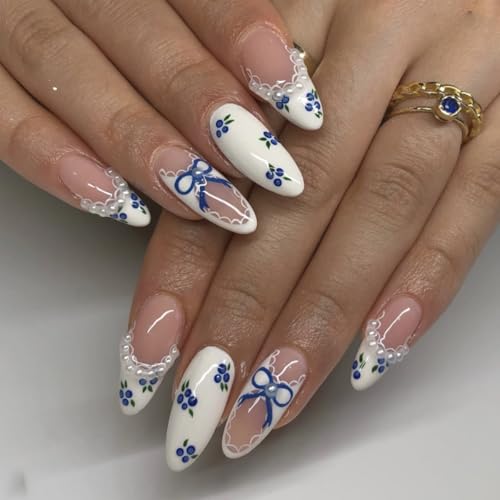 Press On Nails Medium Almond Shape – 24PCS Blue Bow French Tip Fake Nails with Pearl Accents, Floral Lace Design, Reusable Medium Length False Nails for Women, DIY Manicure