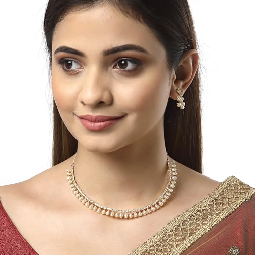 Image of ZENEME Gold-plated and Cubic Zirconia Necklace With Earrings for Women & Girls