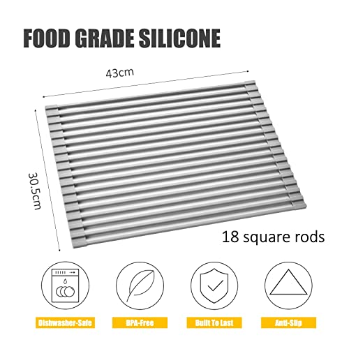 Silicone-Coated Stainless Steel Over The Sink Multipurpose Roll-Up Dish Drying Rack, 17.2"X12.2", Heat Resistant Non Slip Dish Draining Rack Bpa Free Dishwasher Safe (S, Gray) #TOP4