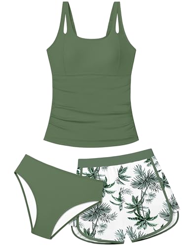Aulyffo Bathing Suits for Tweens 12-14 Teen Swimsuits for Girl 12-14 Girls Tankini Swimsuit Sets Ruched Swim Tank Top with Bottoms and Boyshorts 3PCS Girls' Swimwear Green