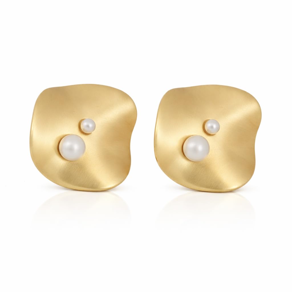 Premium Brass Lunar Petal Stud Earrings | Matte 18K Gold Plated Organic Wavy Leaf Studs with Pearl Accents | Elegant Statement Jewelry for Women & Girls-image-11