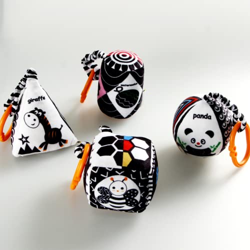 Kakiblin Baby Hanging Rattle Toys, 4 Pack Car Seat Stroller Toys Soft Squeaky Toys For Baby 0-6 Months Newborn Infant Car Bed Travel Activity, White And Black #TOP5
