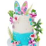 DULDECO Hawaii Surf Cake Toppers with Blue Pink Hawaii Surfs Flowers Persian Leaves Monstera Leaves Coconut Trees Set for Birthday Party Supplies Decor
