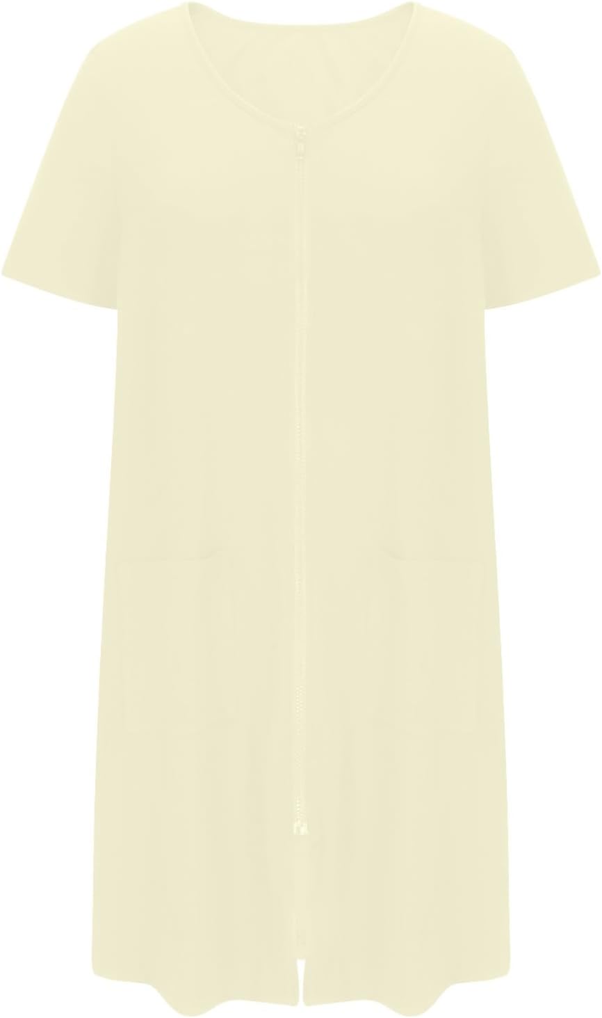 Zip Up Robe for Women Short Sleeve Bathrobe Lightweight Soft Loose Fit Housecoat Solid Color Nightgown with Pockets