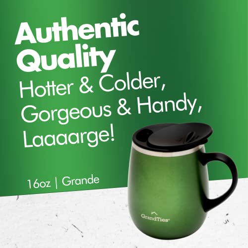 Grandties Insulated Coffee Mug With Handle - Sliding Lid For Splash-Proof 16 Oz Wine Glass Shape Thermos Tumbler With Double Walled Vacuum Stainless Steel Keeps Beverages Hot Or Cold - Green Metallic #TOP1