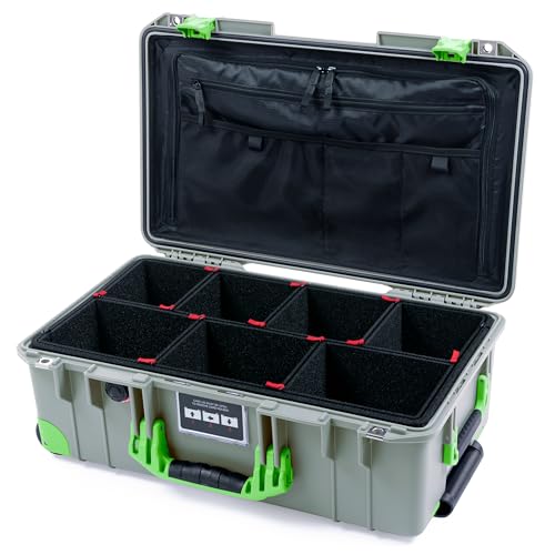 Pelican Air 1535 Carry-On Sage Green - Medium Size Waterproof Case with TrekPak Kit and Combo Lid Organizer - Lime Green Handles, Latches & Trolley