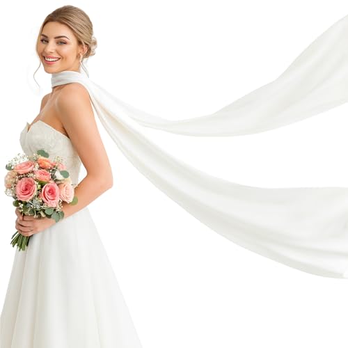 Bridal Neck Scarf Long for Wedding, 142 Inch White Wedding Scarf for Bride – Minimalist Tulle Wrap for Ceremony Elopement Reception Bridal Portrait Accessory