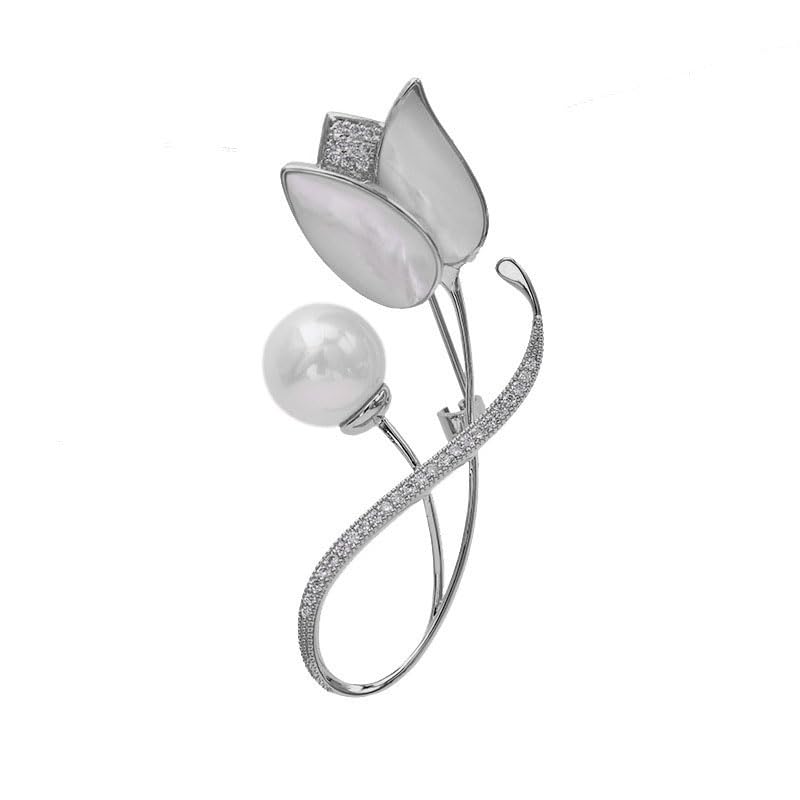 Image of 14K Gold Tulip Flower Brooch, Delicate Moissanite and Natural Freshwater Pearl Corsage,Perfect for Elegant Dressing