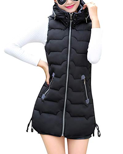 Suncaya Chaleco Mujer Largo Invierno Elegantes Sleeveless Encapuchado Chaleco Casual Chaqueta Acolchada Abrigos Negro L