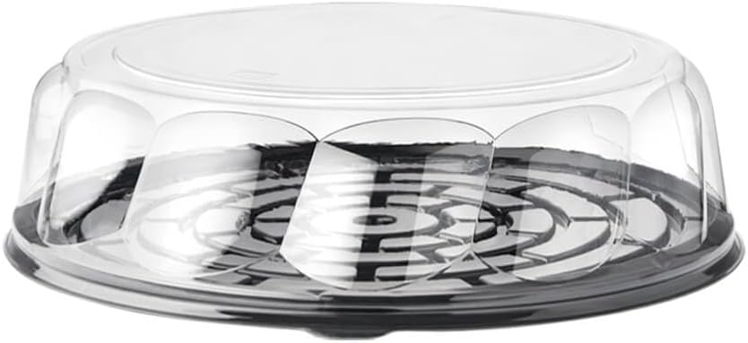 Darnel Round 8" Cake Container. Black 8.625" Base and Clear 3.125" High Dome Lid. Pack of 50 Sets. Elevates cake presentation, storage, and transport.