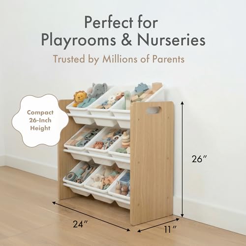 Image of Humble Crew Toy Storage Organizer with 9 Removable Storage Bins for Kids Playroom, 3-Tier Toy Organization, Natural Wood /White