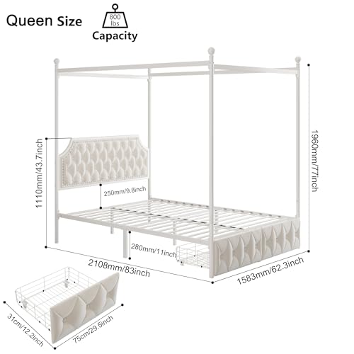 Queen Upholstered Canopy Bed Frame with 2 Storage Drawers & Button…