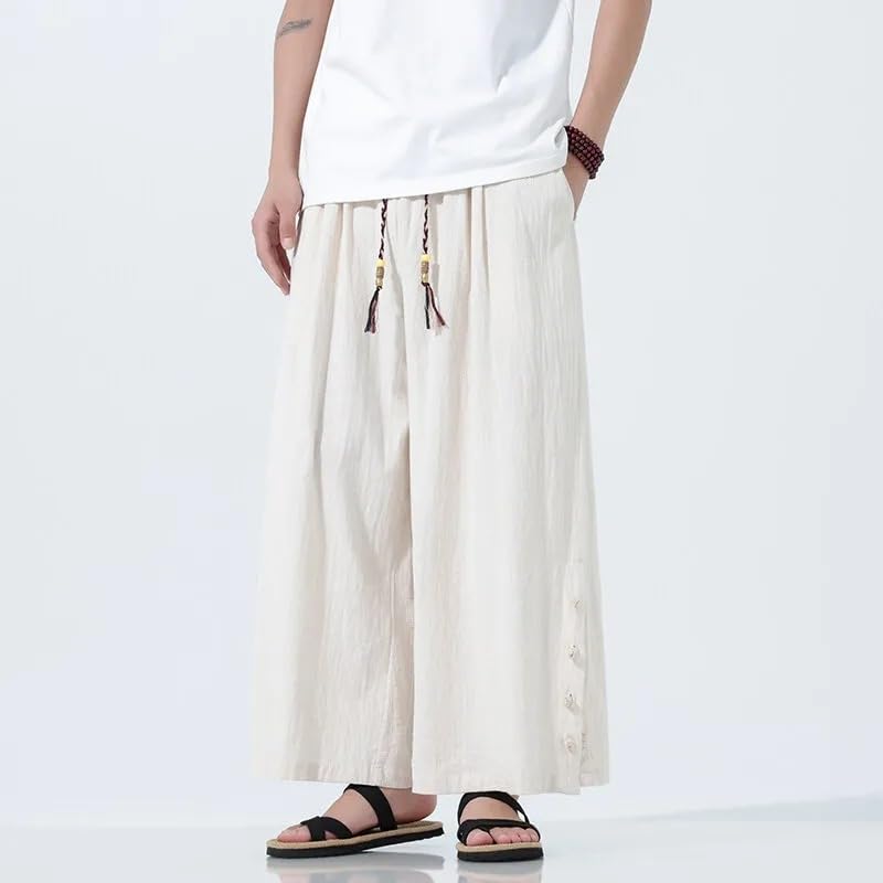 Cotton Linen Pants Mens Solid Color Casual Trousers Elastic Waist Loose Straight Leg Pants4