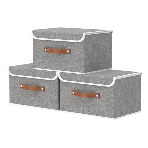 Outbros Caja De Almacenamiento Plegable, Grande Cesta Con Tapa, Contenedores De Ropa De Lino Para Ropa, Para Toallas, Libros, 33 X 23 X 20 Cm, Gris, 3 Unidades