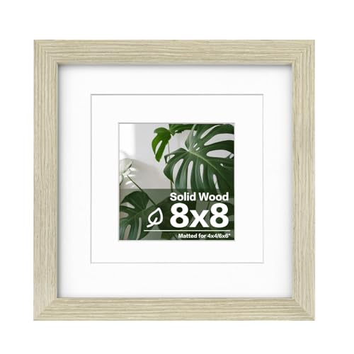 Egofine 8x8 Picture Frame, Made of Solid Wood with Plexiglass, for Tabletop and Wall Hanging Display Picture 4x4/6x6 with Mat or 8x8 Without Mat, Distressed Wood Grain